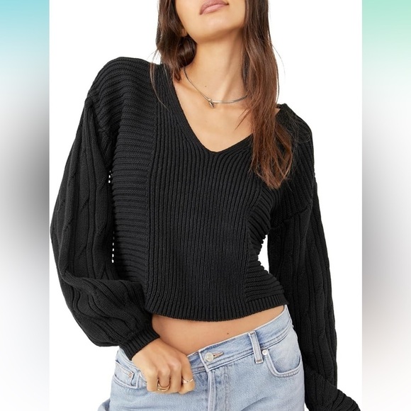 Free People When It Rains Chunky Knit Cotton Oversized Balloon Sleeve Sweater XL - Picture 1 of 10